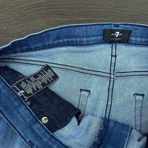 7 For All Mankind Blue Medium Wash Stretchy Skinny Jeans w/ Frayed Hem - Picture 6 of 8